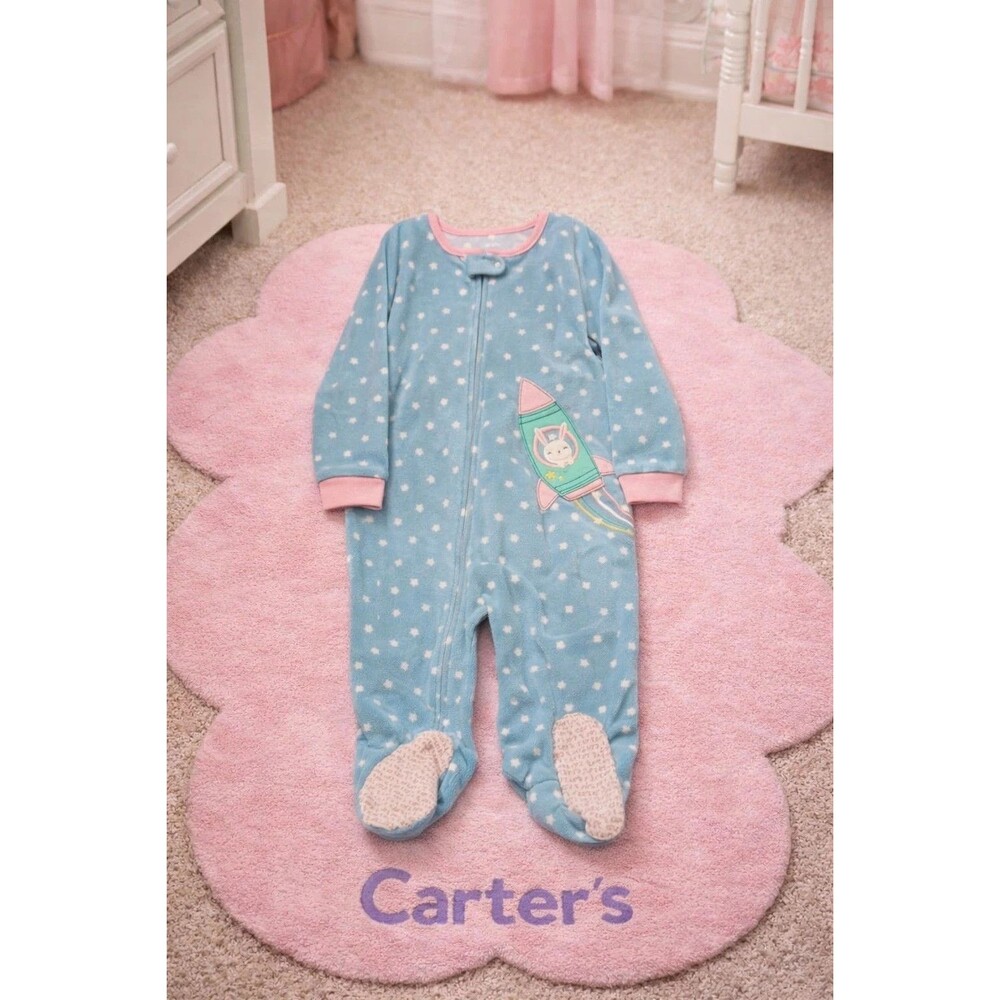 Carter's Baby Footed Pajamas Sleepsuit Blue Star Bunny Rocket Fleece 1-Piece 5T